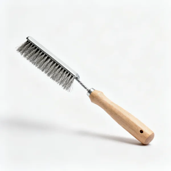 A steel wire brush with a wooden handle