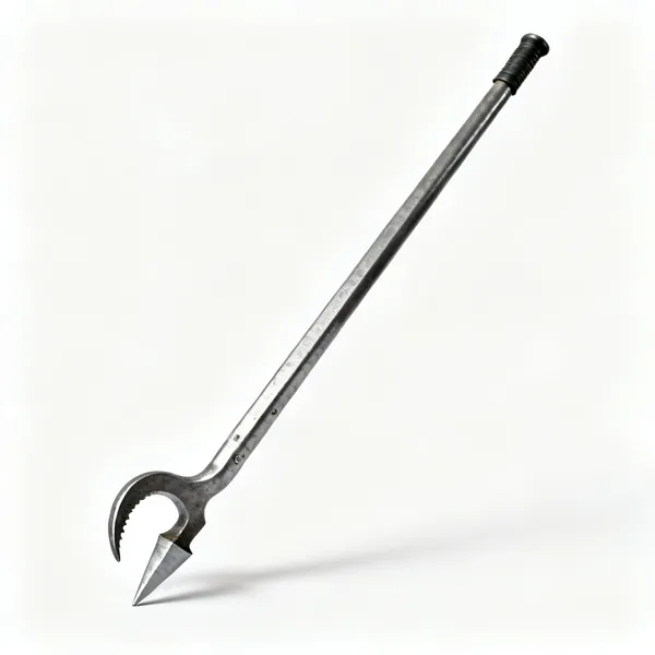 A long steel wrecking bar with a hooked claw and a chisel end