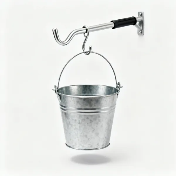 Bucket hook: A metal bucket hanging hook with two curved arms for a ladder rung