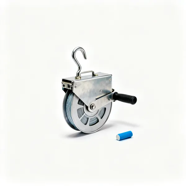 A chalk line reel with a metal case, hook and blue chalk