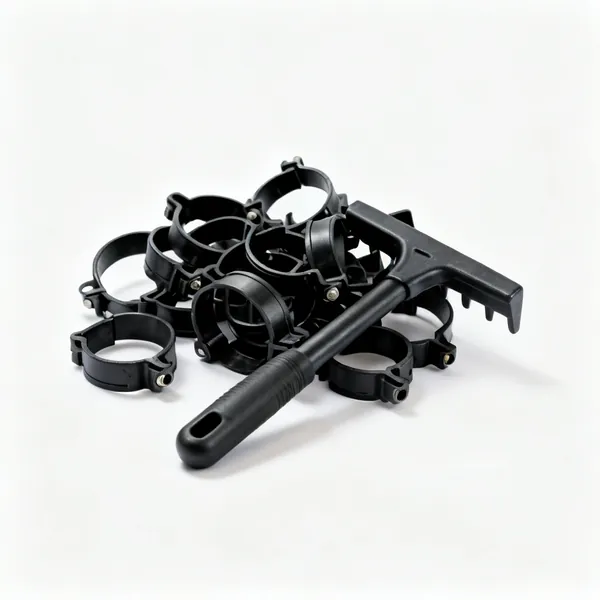 Downpipe clips: A handful of black plastic downpipe pipe clips