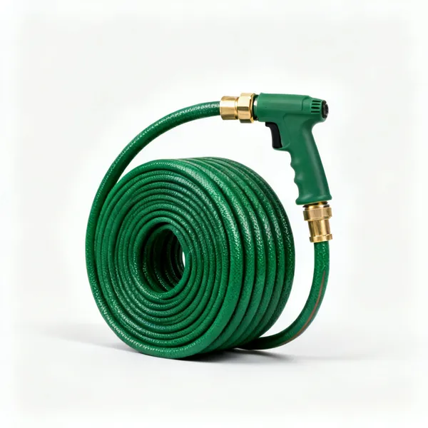 A coiled green garden hose with a brass connector