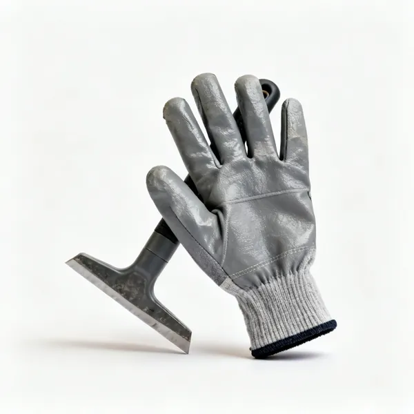 A pair of grey work gloves with coated palms and knitted cuffs
