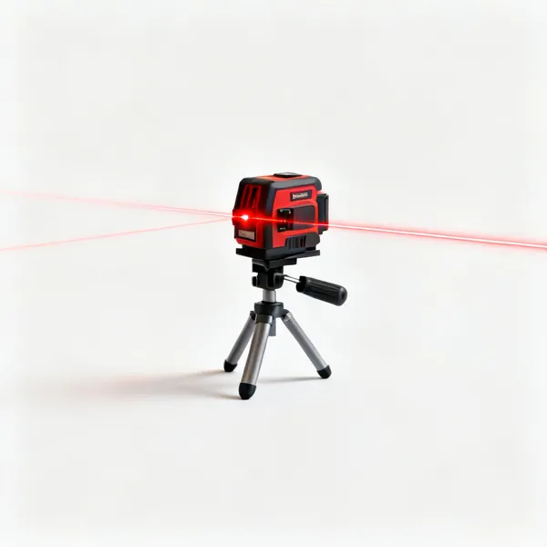 A red beam line laser level on a small tripod