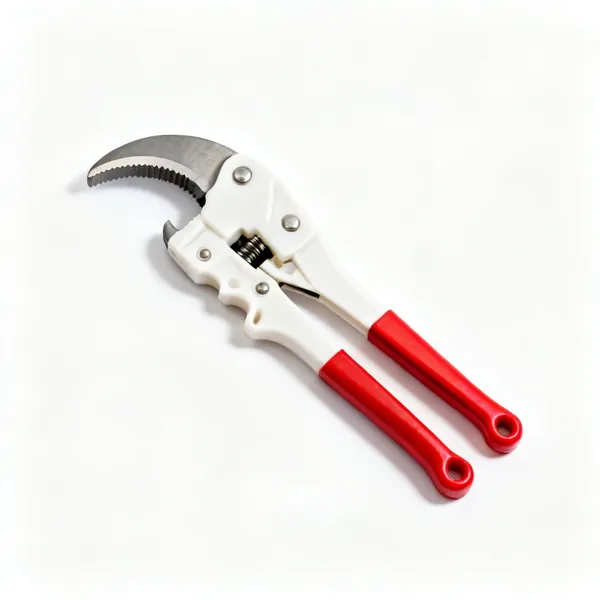 Downpipe shears: A pair of ratcheting plastic pipe shears with a curved blade and red handles