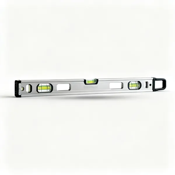 Long spirit level: A long aluminium spirit level with several glass vials and machined edges