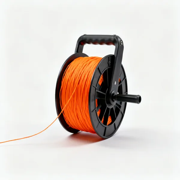A string line reel with bright orange builders line partly unwound