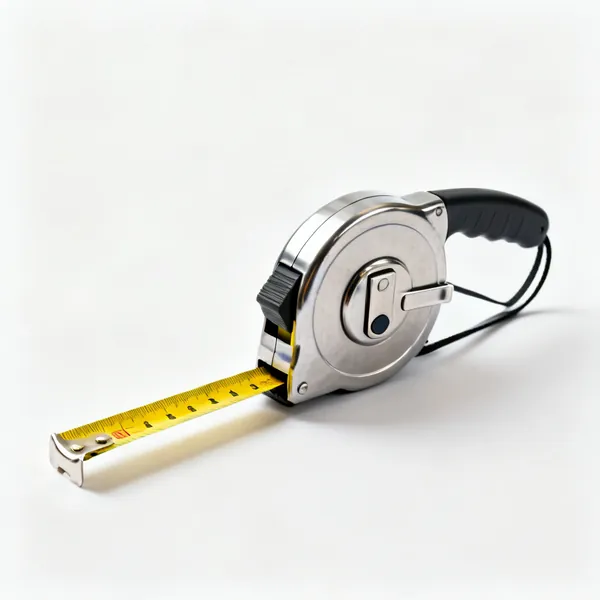A retractable steel tape measure with a yellow blade, belt clip and locking button