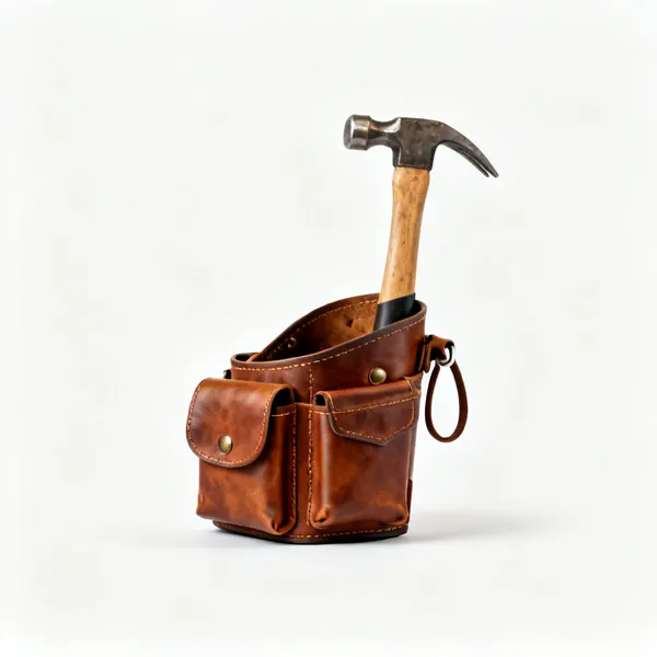 A leather tool belt with pouches and a hammer loop