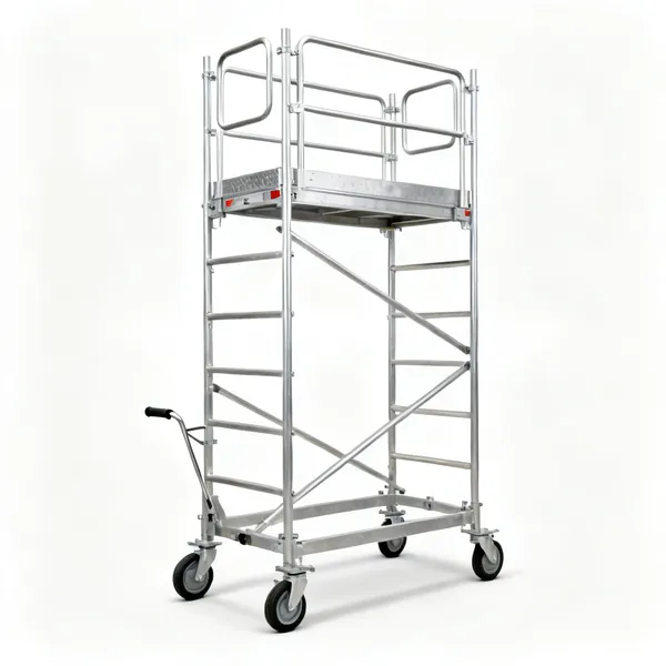 Alloy tower: An aluminium mobile scaffold tower with a platform, guard rails and wheels