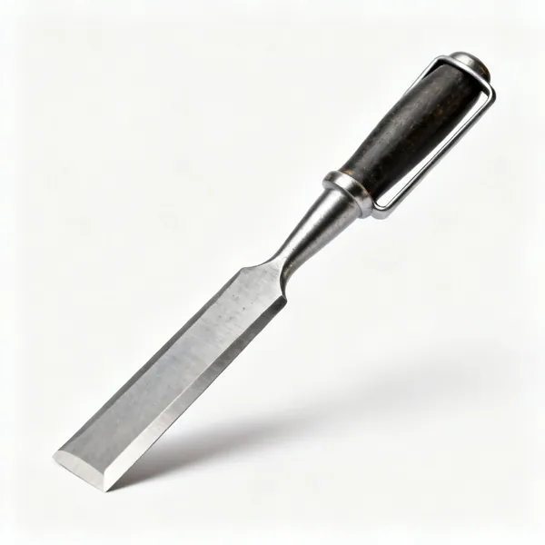 A wide bladed steel bolster chisel with a guarded handle