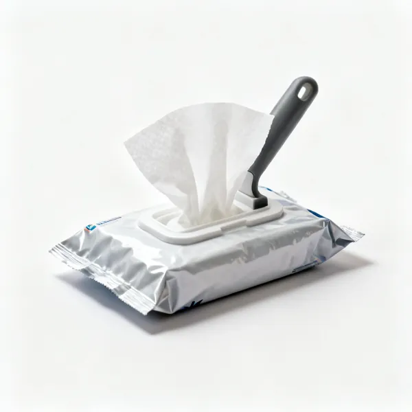 Hand wipes: A packet of industrial hand cleaning wipes with one wipe pulled out