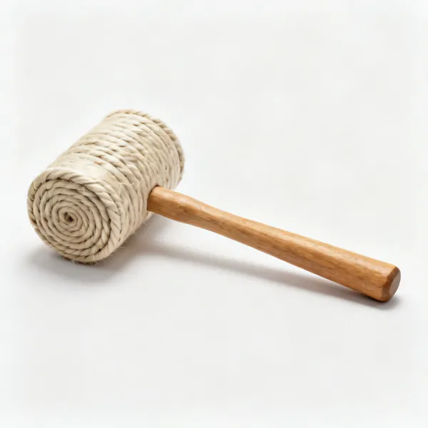 A rawhide mallet with a coiled hide cylindrical head and a wooden handle