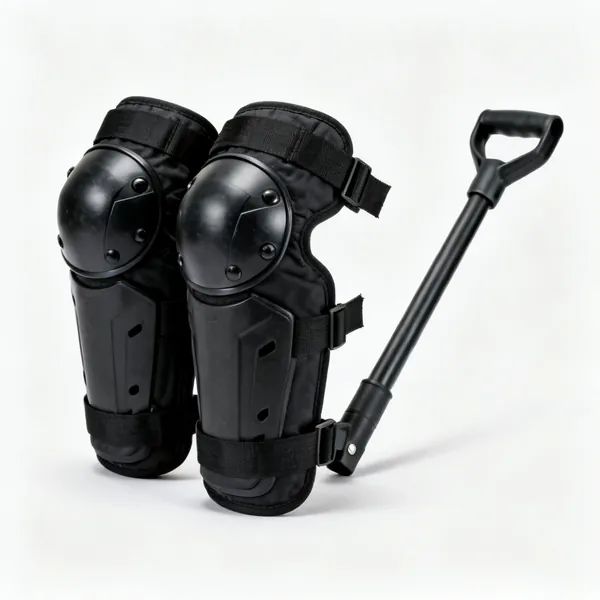 A pair of black work knee pads with elastic straps and hard caps