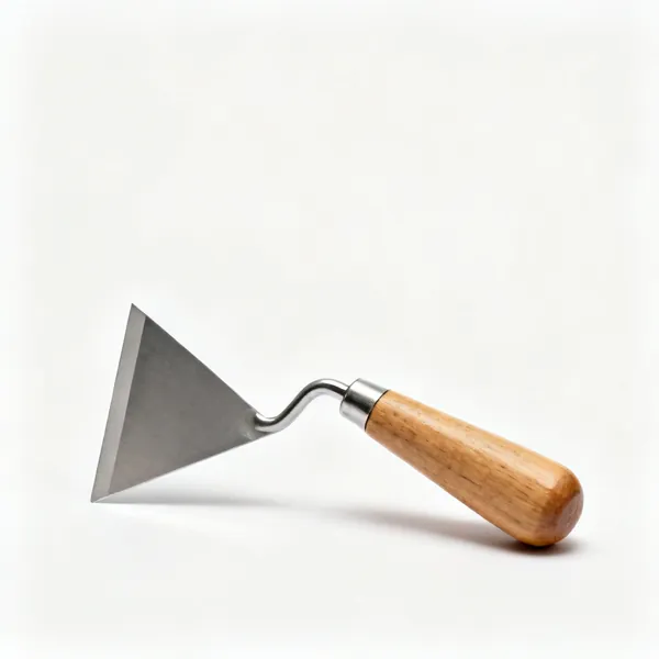 A triangular shave hook scraper with a steel blade and a wooden handle