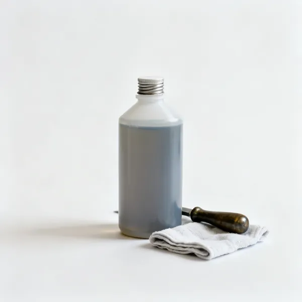 A plastic bottle of lead patination oil with a screw cap and a cloth beside it