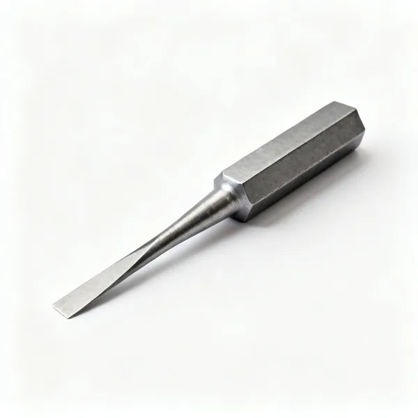 A narrow steel plugging chisel with a flat tapered blade and a hexagonal body