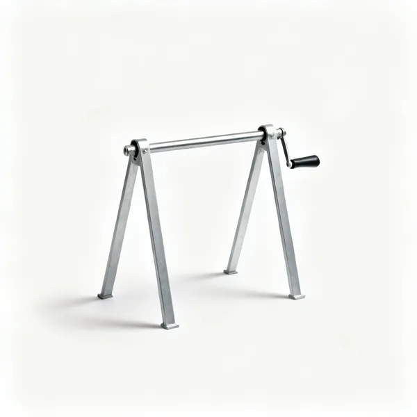 A simple metal lead roll stand with two upright supports and an axle bar
