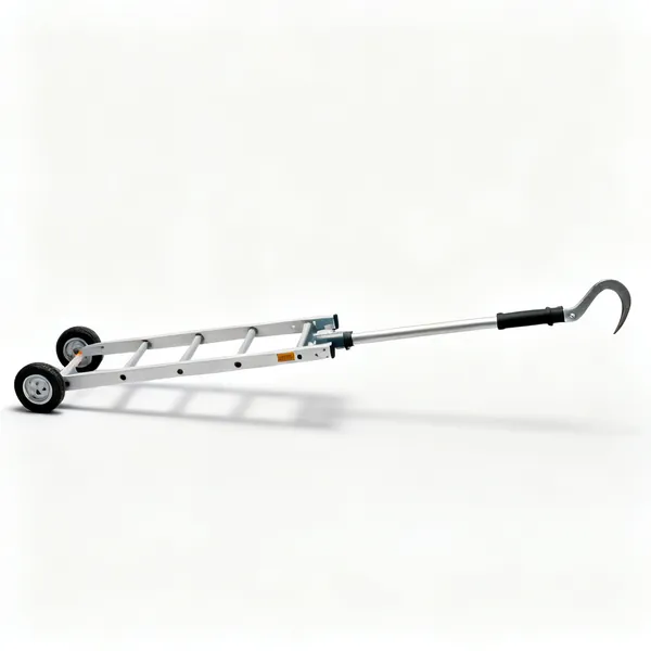 A roof ladder with wheels at one end and a ridge hook, resting flat