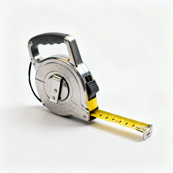 A retractable steel tape measure with a yellow blade and a belt clip