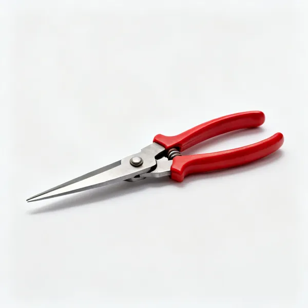 A pair of straight tin snips with long steel blades and red handles