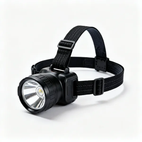 A black LED head torch with an adjustable elastic headband