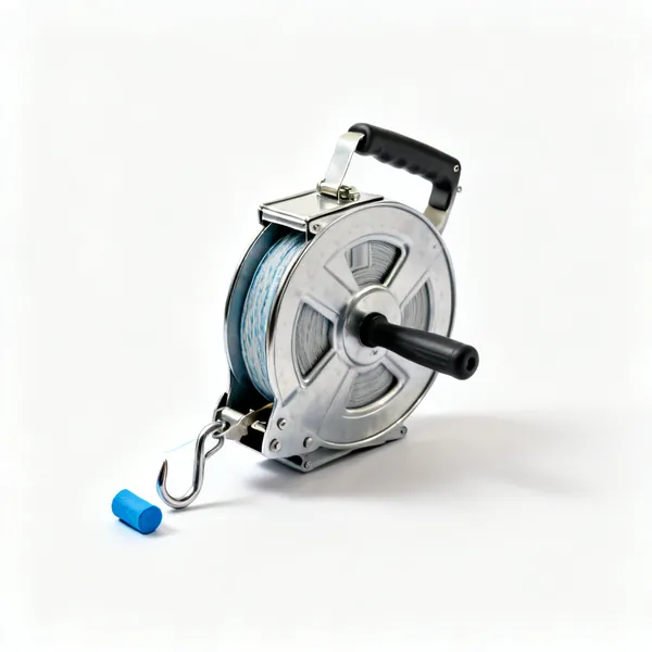 A chalk line reel with a metal case, hook and blue chalk