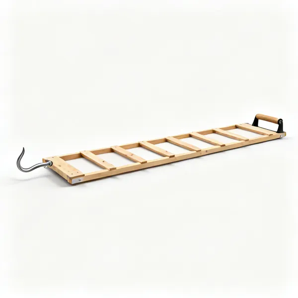A long wooden roof crawl board with battens across it and a hook at one end
