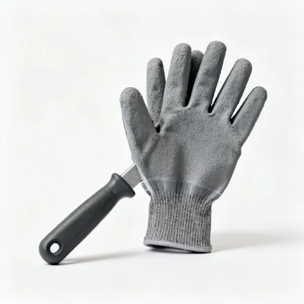 Cut resistant gloves: A pair of grey cut resistant work gloves with coated palms