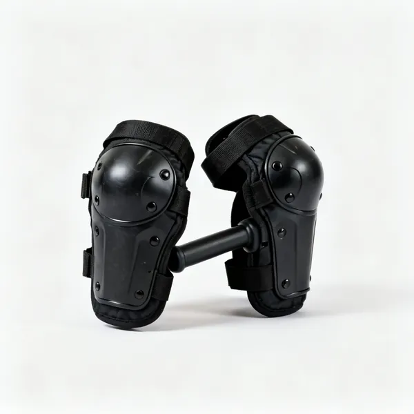 A pair of black work knee pads with elastic straps and hard caps