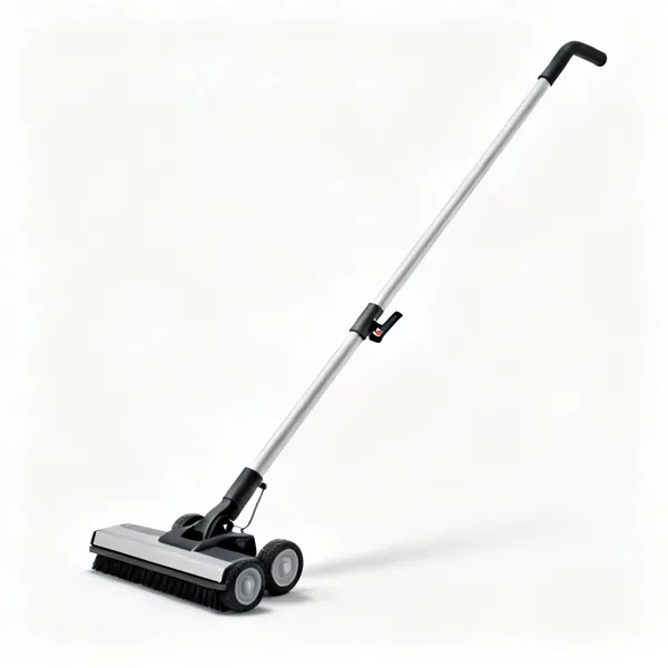 A magnetic sweeper on a long handle with wheels and a release lever