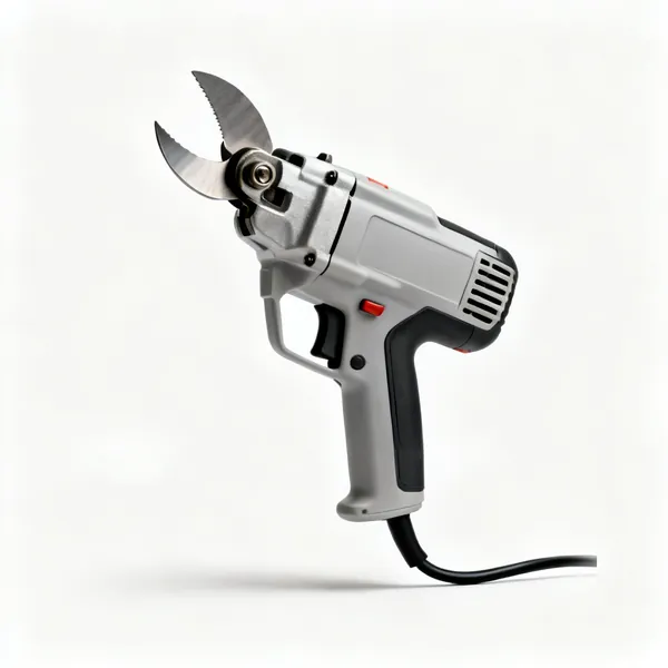 Power shears: An electric power shear tool with a cutting head, pistol grip and power cable