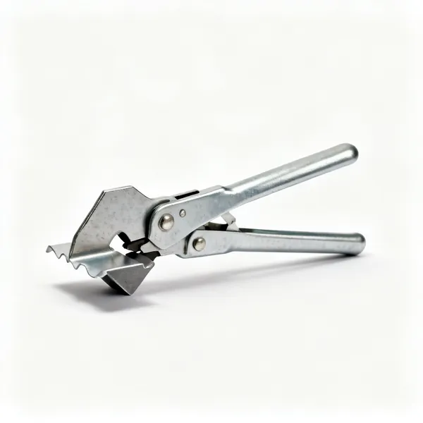 A metal roofing profile cutter tool with a shaped cutting head and handles
