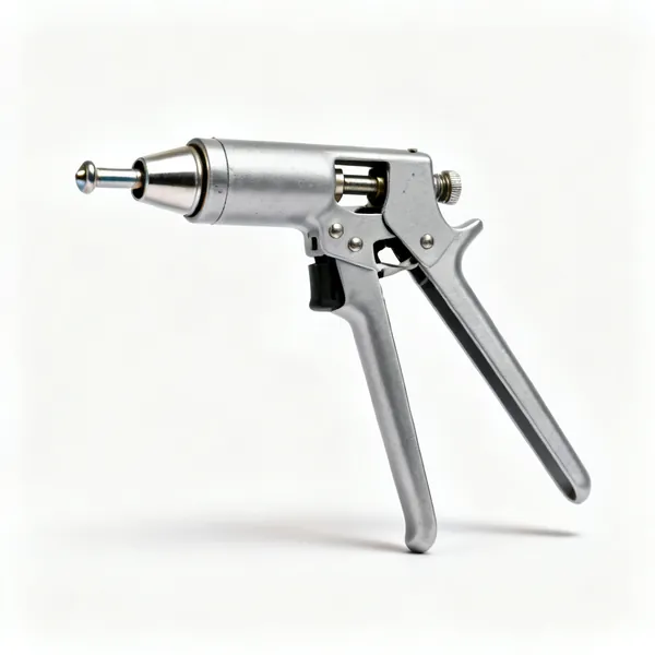 A hand pop rivet gun with two long handles, a nosepiece and a rivet loaded