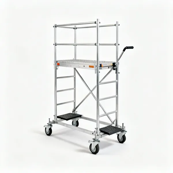 Alloy tower: An aluminium mobile scaffold tower with a platform, guard rails, toe boards and wheels