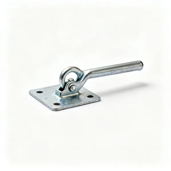 Rated anchor: A steel roof anchor point plate with an attachment eye and fixing holes