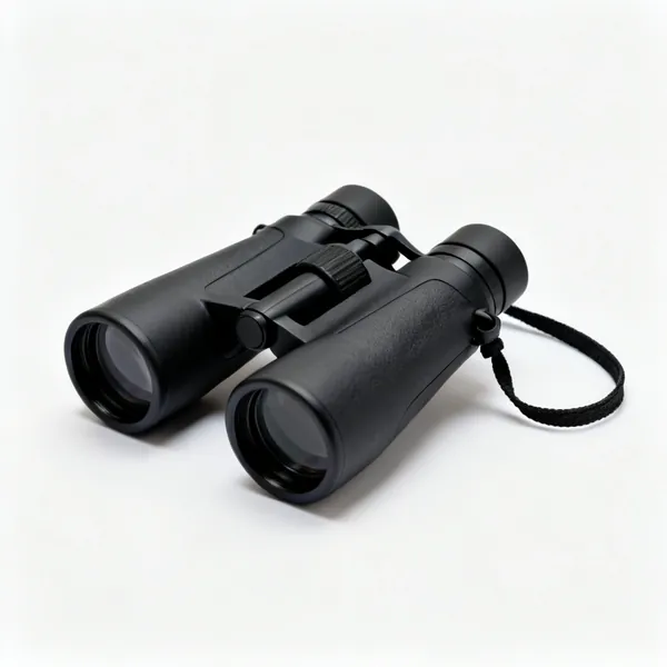 A pair of black binoculars with a neck strap