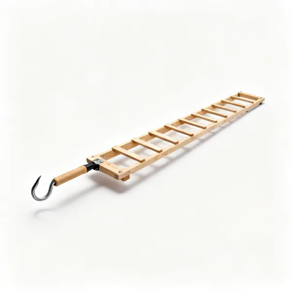 A long wooden roof crawl board with battens across it and a hook at one end