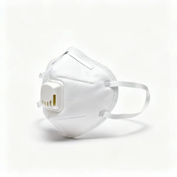 A white FFP3 respirator dust mask with two straps and a nose clip