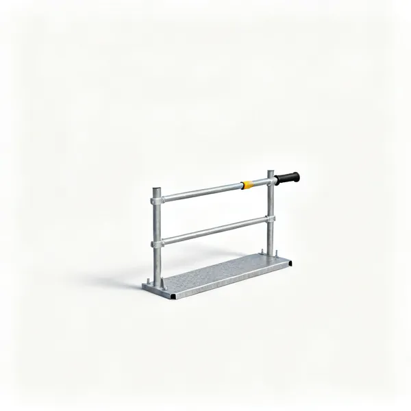 A section of temporary steel guard rail edge protection with uprights and a toe board
