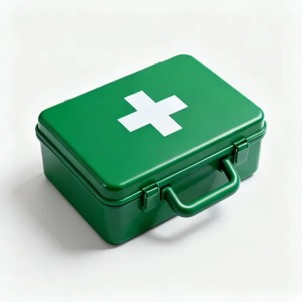 A green first aid kit box with a white cross on the lid
