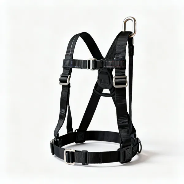 Full body harness: A full body safety harness with webbing straps, buckles and a rear D ring