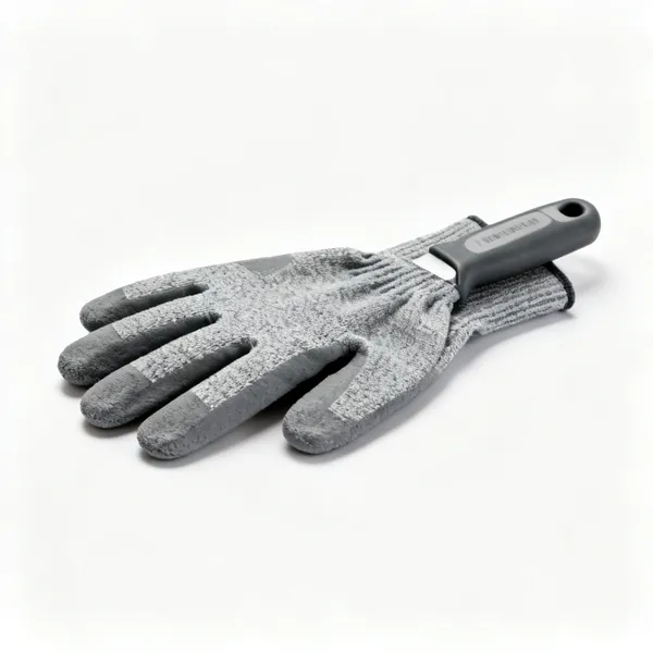 A pair of grey cut resistant work gloves with coated palms
