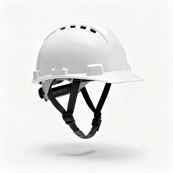 A white safety helmet with a chinstrap and ventilation slots