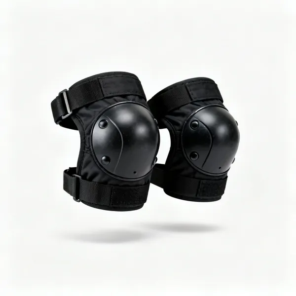 A pair of black work knee pads with elastic straps and hard caps