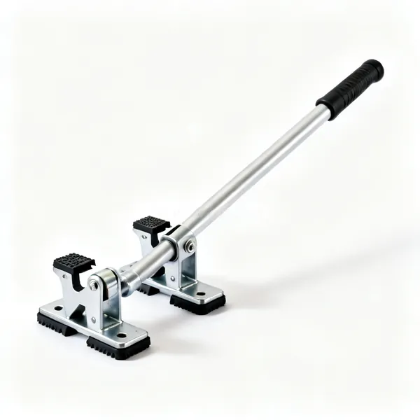 Ladder levellers: A pair of short adjustable ladder levelling feet, compact metal brackets with rubber pads and notched adjusters