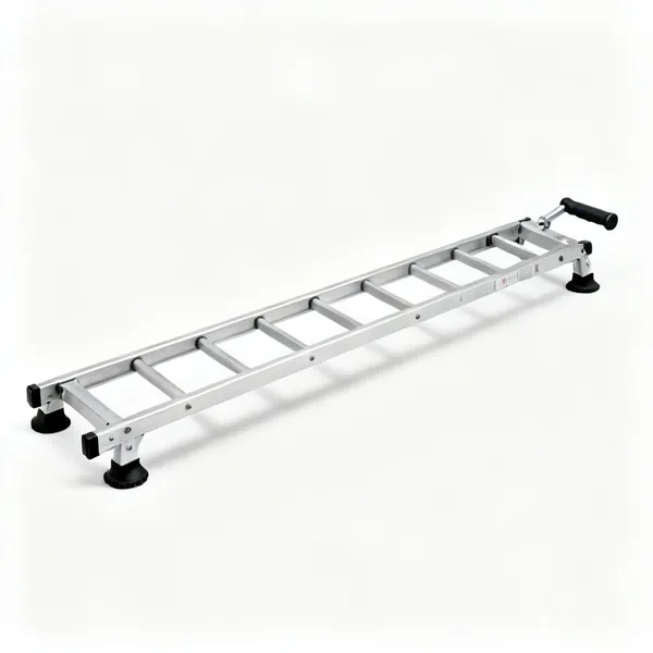 A wide metal ladder stabiliser bar with rubber feet