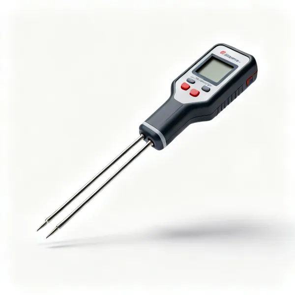 A handheld pin type moisture meter with a digital display and two probe pins
