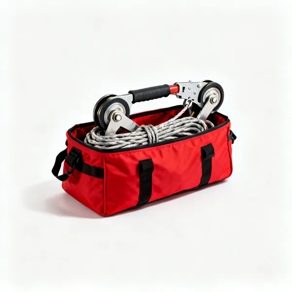A compact rope rescue kit in a red bag with pulleys and rope
