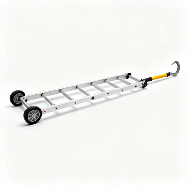 A roof ladder with wheels at one end and a ridge hook, resting flat